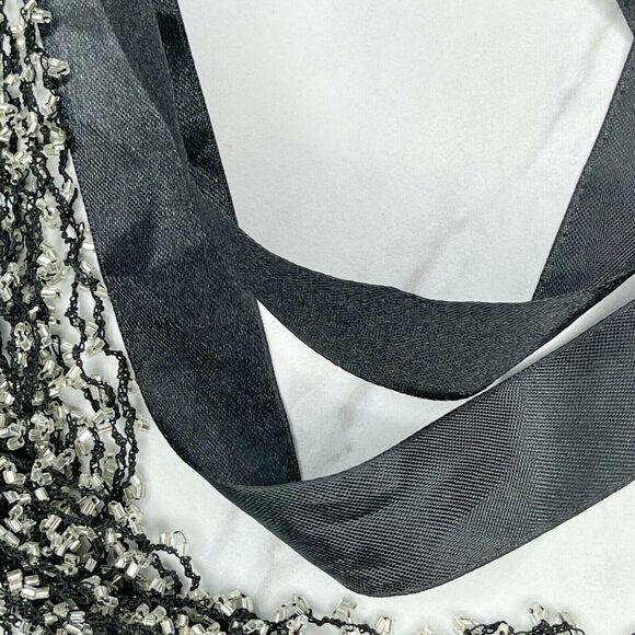 Black Multi Strand Beaded Ribbon Tie Necklace - Picture 2 of 11
